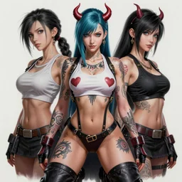 gorgeous!! hyper - realistic giant woman resembling bulma + felicia from darkstalkers + tifa lockhart ff 7, tattoos, beautiful succubus, demon girl | drawn by artgerm, drawn by wlop, drawn by jeehyung lee | intricate, high detail, ultra graphics, photorealistic, symmetrical, cinematic, smooth, sharp focus, character design, expressive, cute, beautiful!! full body, concept art, octane render