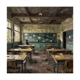 classic oil painting, inside of an abandoned school cafeteria, as a dnd cover illustration, extremely ominous, scary, concept art, highly detailed, smooth, sharp focus, art by brothers hildebrandt