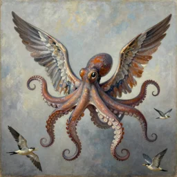 an octopus with wings flying with birds, oil on canvas, portrait, intricate, 8k highly professionally detailed, HDR, CGsociety