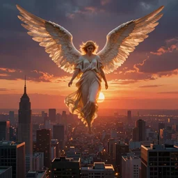 a angel over a city movie poster, painted, dramatic sunset, arcane style, high resolution, city landscape, side scrolling, rule of thirds, 4 k,