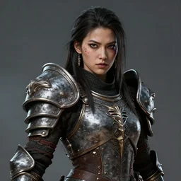 fantasy portrait of a determined female warrior in heavy armour inspired by warhammer fantasy and diablo, long hair, scarred eye, earrings, highly detailed, trending on artstation, 4k, octane render, unreal engine,