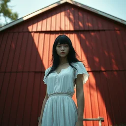 a young woman in!! the shadow! of a red barn!. black hair, white! dress, sharp focus, wide angle, digital art by eddie mendoza, andrei riabovitchev, craig mullins, artstation, dreamlike