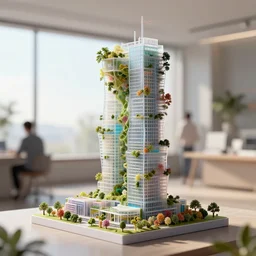 3 d printed physical model organic flowy including more than one city into one vertical building model that sits on a table in a room with a view back, multiple stories, transparent, with vegetation, colorful, eye - level view, 8 0 k, octane render, highly detailed 3 d render,