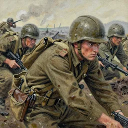 1 9 4 4 close - up of soldiers on the battlefield, ww 2, graphic, dirty, grainy by shusei nagaoka, kaws, david rudnick, airbrush on canvas, pastell colours, cell shaded, 8 k,