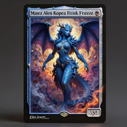 a beautiful detailed 3d matte painting of female blue dragon of the dead, by ellen jewett, by tomasz alen kopera, Frank Frizzera, ominous, magical realism, Magic the gathering playing card, texture, intricate, ornate, royally decorated, whirling smoke, embers, radiant colors, fantasy, trending on artstation, volumetric lighting, micro details, 3d model , ray tracing, 8k