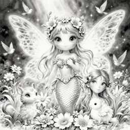 magical illustration of ethereal fantasy creature, beautiful fairie, mermaid, female portrait with flowers, whimsical big - eyed character accompanied by animals and birds, light greyscale, colouring - in sheet