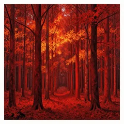 A red fire forest of trees with flaming leaves ,by M.C. Escher and James Jean and Craig Mullins and Hiroshi Yoshid