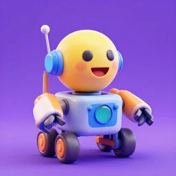 high quality 3 d render made with blender of a small happy emoji piloting a colourful toy robot robot. the background is a purple gradient