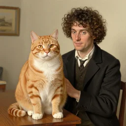 fat orange tabby cat next curly haired man, american gothic by grant wood