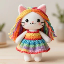 cute cat, fabric doll, rainbow candy dress, yarn weft hair, 4 k