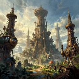exquisite imaginative fantasy landscape with steampunk towers movie art by : : james gurney lucusfilm weta studio tom bagshaw james jean frank frazetta