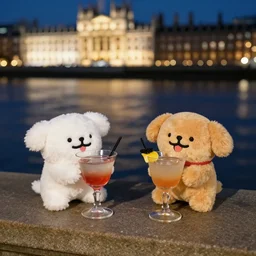 two cute dogs drinking cocktails along the embankment in london, detailed realistic photo at night