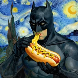 batman eating a hotdog painted by van gogh