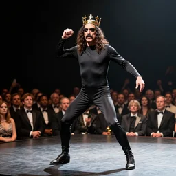 Frank Zappa in a leotard and a crown performs the role of Richard III in the award winning modern dress production of Richard III in front of a live audience, action shot, directed by Robert Wilson
