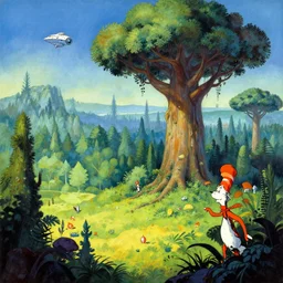 A Kashyyyk landscape in the style of Dr. Seuss, starships, giant trees, dense forest, painting by Ralph McQuarrie
