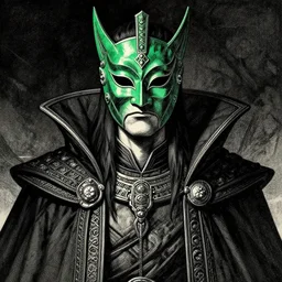 portrait of man, emerald ritual mask, royal mantle, rotogravure, dark, majestic, powerful, dark fantasy manga artstyle, by julius schnorr von carolsfeld and kentarou miura
