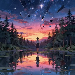 reimu walking in cloud pond forest dusk, fractal dreamscape, shattered sky cinematic, shooting stars, mirror reflection, vibrant colors, digital anime illustration, award winning, by makoto shinkai