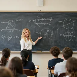britney spears as a teacher standing in front of a blackboard in a lecture hall teaching a class on quantum physics, photograph