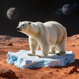 polar bear on iceberg in mars, outer space, planet mars, photorealistic, high resolution,, trending on deviantart, hdr, hyper detailed, insane details, intricate, elite, ornate, dramatic lighting