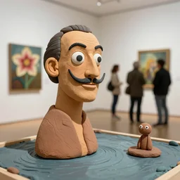 plasticine sculpture stop motion. salvador dali clay models. john craxton. visitors. gallery painting of flower. water floor. room with a couple of holes in wall. high detail. photorealistic