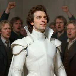 portrait of a regal prince in futuristic white clothes, high collar, sharp cheekbones, hopeful expression, surrounded by a crowd of furious people, matte painting, digital art, chesley bonestell, caspar david friedrich
