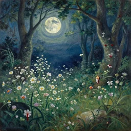 1 9 7 0 s, seventies, delicate embellishments, a little blood, woodland, moonlight shining on wildflowers, painterly, offset printing technique, by alexandre cabanel