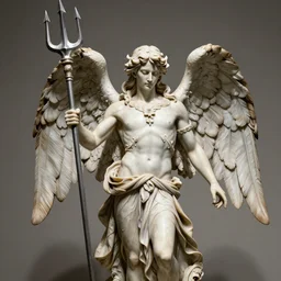 photo taken of an epic intricate, ultra detailed, super realistic sculpture of lucifer morningstar fallen angel statue holding a trident, sculpture on display, created by weta workshop, photorealistic, sharp focus, f 0. 4, face centred, golden ratio