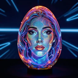 portrait of a plasma energy tron murano candy glass egg designed by david chihuly. made up of glowing swirling electric pixels. tron world background. photo still by annie liebowitz