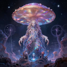 enormous mushroom man deity of the stars resides inside void manifold, mycelium forms quantum foam, fractal of scary dirac equations, portrait by ross tran, timeline nexus, ascending universes, a dnd illustration of esoteric concept by cgsociety and james gurney, artstation, hdr, rtx, iridescent wise mushroom deity