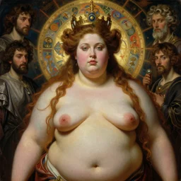 hyper realistic painting of the queen of love, detailed and perfect face, perfect and proportional body, overweight, obese, in the style of wayne barlowe, gustav moreau, goward, gaston bussiere and roberto ferri, santiago caruso, and austin osman spare, bouguereau, mucha, saturno butto, sorayama. occult art, alchemical diagram