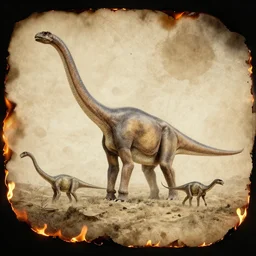 The first picture ever taken on earth, at the time of dinosaurs, 65 million years ago. There are diplodocus and a stegosaurs. The edges of the picture were partially burned in a fire, long time ago. And a flood has left stain marks on the picture