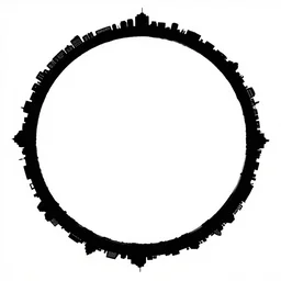 a perfect circle where the inside is empty blank space and around the outer edge of the circle is the silhouette of a city skyline, black and white, minimalist, in the style of a line drawing