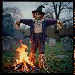 kodak portra 4 0 0, wetplate, muted colours, fire, 1 9 3 0 s award winning colour portrait of a beautiful and hyperdetailed spooky scarecrow very long feet in an old cemetery on fire in 1 8 8 0 s london by saul leiter, insanely detailed, night, insanely intricate, depth of field, motion blur, vivid colours, blueberry