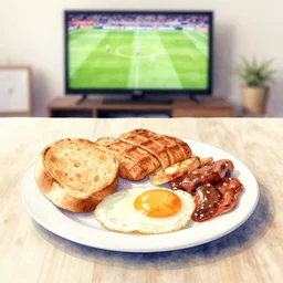 still life watercolor of an full english breakfast, in the background a TV screen showing a football match