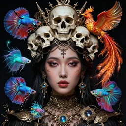 symmetrical, centered, goddess close-up portrait wigh crown made of skulls. betta fish, phoenix, bioluminiscent creature, super intricate ornaments artwork by Tooth Wu and wlop and beeple and greg rutkowski