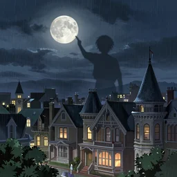 a shadow in the sky above a victorian city, scene in a rainy night. full moon, 1 8 9 0, key visual, conceptart, ambient lighting, highly detailed, digital painting, artstation, concept art, sharp focus, by makoto shinkai and akihiko yoshida and greg manchess