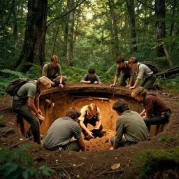 a group of teens unearthing a bunker in the middle of a lush forest, sci - fi concept art, movie poster, dramatic lighting, cinematic framing, golden hour, classic film grain