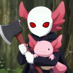 anime masked character, with red eyes, holding a axolotl