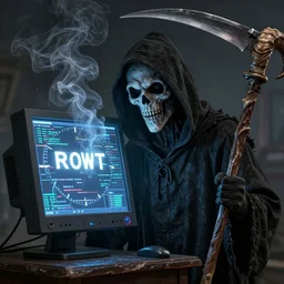 a grim reaper with a monitor for a face. the monitor has a blue screen with white letters on it. the clock is made of smoke with glowing code sprinkled throughout it. the blade of the sickle is a stick of ram. by frank frazetta, simon bisley, brom, concept art, octane render, unreal engine 5, highly detailed, high quality, 8 k, soft lighting, realistic face, path traced