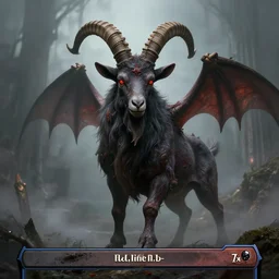 a demonic goat boss, Magic the Gathering, Trending on Artstation, by Greg Rutkowski, Octane render, gothic, foggy
