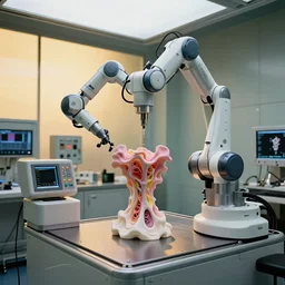 a complex bifurcated robotic cnc surgical arm cybernetic symbiosis hybrid mri 3 d printer machine making organic ceramic fractal forms by giger and beeple in the glass room laboratory with control panels, pastels, golden hour lighting, film still from the movie directed by denis villeneuve with art direction by wayne barlowe and salvador dali, wide lens, f 3 2,