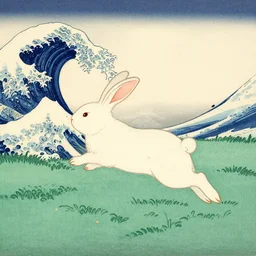 an ukiyo-e woodblock print of a cute rabbit jumping across a meadow, very beautiful, collaboration by hiroshige and hokusai