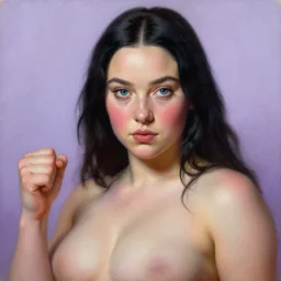 Beautiful oil painting of Hailee Steinfeld with a chubby belly as Kate Bishop by Titian and Chie Yoshii, portrait, Marvel, Hawkeye, blush, symmetrical face, intricate, face, blue iris eyes, black hair, elegant, light purple mist, highly detailed, dramatic lighting, sharp focus, clenched fist, Pitch Perfect, Bumblebee, trending on artstation, artstationHD, artstationHQ, unreal engine, 4k, 8k