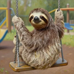 close up of a sloth sitting on a swing in a kids playpark, detailed painting, epic lighting, by ilya repin, phil hale and kent williams