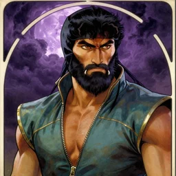 closeup portrait of mortal kombat scorpion against ominous storm clouds and purple full moon in the style of alphonse mucha