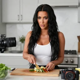 Kim Kardashian cooking, realistic photography, 4K, lens, detailed, shot on Sony A7 IV