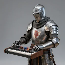 knight wearing a medieval suit of armor patching a buchla 2 0 0 e modular synthesizer, powered by tesla coils, candid photography, highly detailed, 8 k uhd, unreal engine 5, character concept