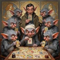 anthropomorphic highly detailed group portrait of cute mr bean grey goblins eating trading card game, intricate, elegant, highly detailed grey goblin, digital painting, artstation, concept art, smooth, sharp focus, illustration, art by artgerm, bob eggleton, michael whelan, stephen hickman, richard corben, wayne barlowe, trending on artstation and greg rutkowski and alphonse mucha, 8 k
