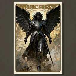 front view of angel, poster style by Mucha, H R Giger, black armour