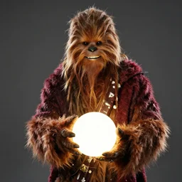 chewbacca wearing a red cloak, holding a glowing sphere - n 4